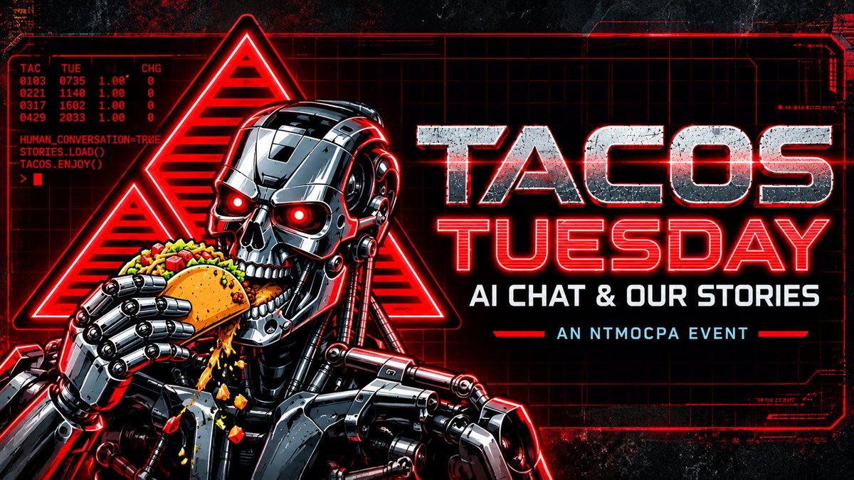 TACOS Tuesday: AI Chat and Our Stories, an NTMOCPA event. A chrome robot eating a taco.